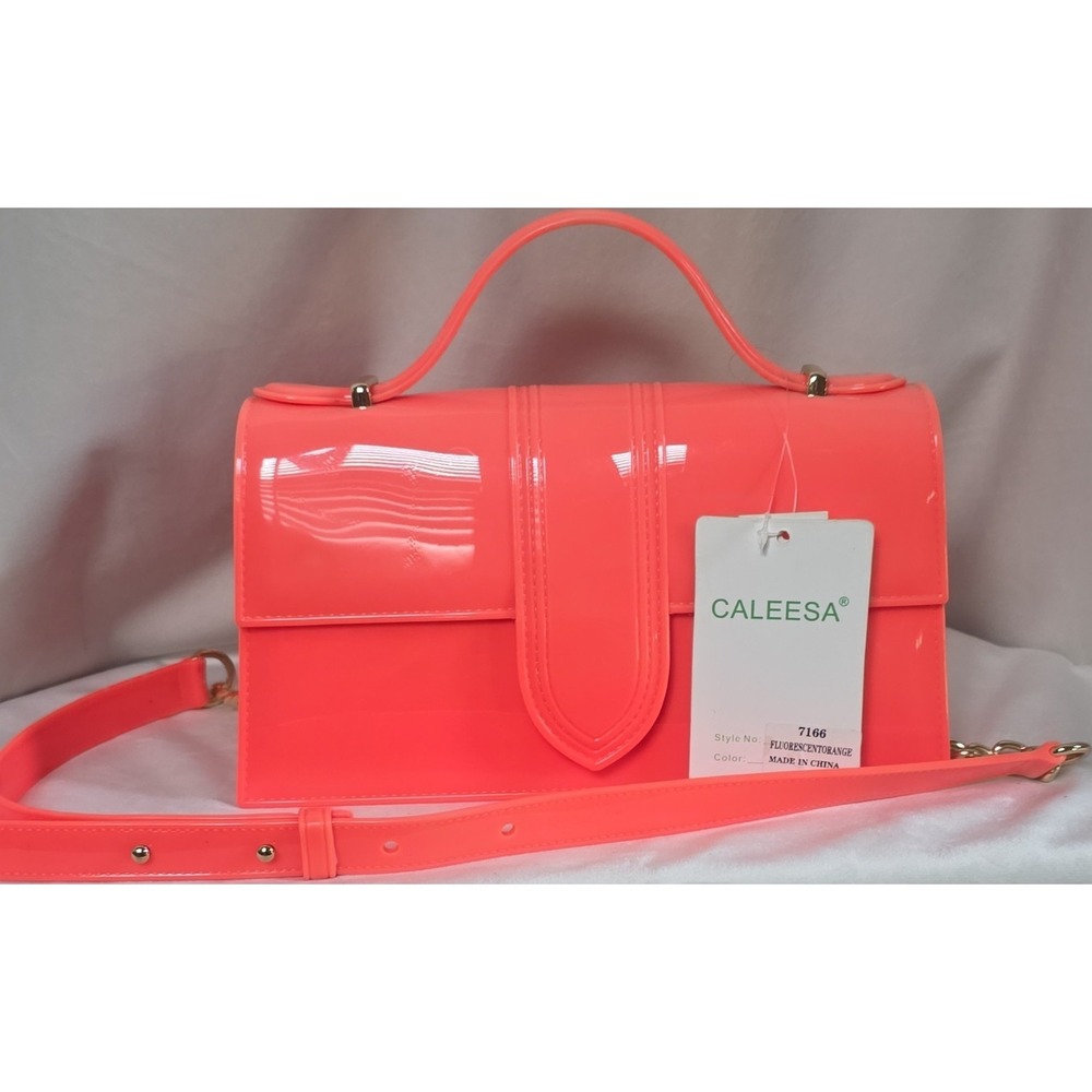 NWT-CALEESA Orange Glossy Top Handle Crossbody Gold Hrdwre w/Duster Bag
